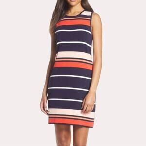 NWT Eliza J Navy Blue and Coral Striped Sleeveless Spring/Summer Dress